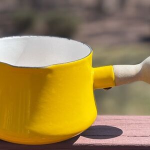 Vintage Dansk Yellow Enamel Warming Pot with Wooden Handle.